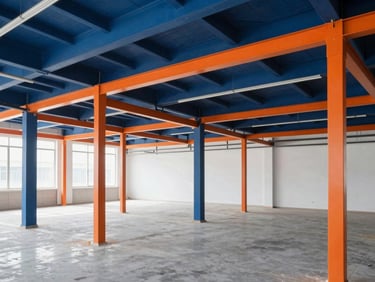 Modern commercial retail space undergoing renovation, exposed structural elements, bright natural light, 35mm lens