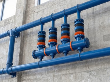 Industrial facility interior, heavy electrical conduit runs on concrete walls, bright crisp light, 35mm lens