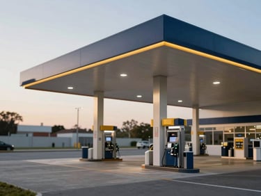 Architectural shot of a modern, well-lit fuel station canopy and forecourt at dawn, minimalist design, soft natural daylight, deep navy and gold accents, shallow depth of field