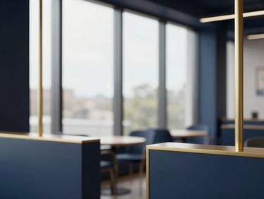 Architectural shot of a modern startup accelerator space, vibrant but minimalist, large windows, soft natural daylight, deep navy and gold accents, minimalist corporate setting, shallow depth of field