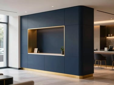 Interior of a luxurious, minimalist boutique hotel lobby, soft natural daylight, deep navy and gold accents, shallow depth of field