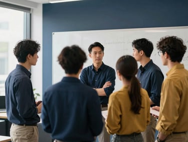 Dynamic startup office space with a small team collaborating around a whiteboard, focused energy, soft natural daylight, deep navy and gold accents, shallow depth of field