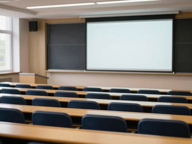 Modern university lecture hall with tiered seating and large screen, natural light streaming in, deep navy and gold accents, shallow depth of field