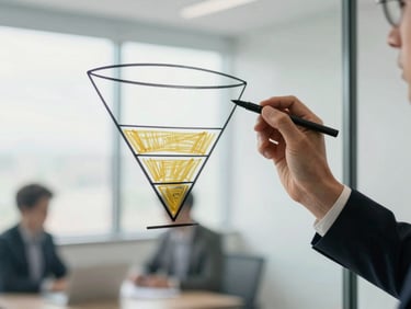 Consultant sketching a sales funnel diagram on a glass board, hands in motion, international business environment, soft natural daylight, deep navy and gold accents, minimalist corporate setting, shallow depth of field