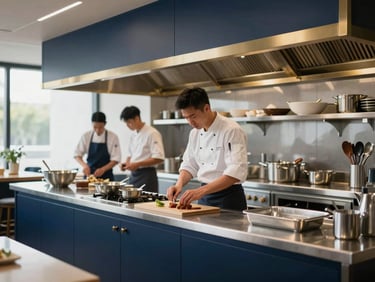 Clean, modern restaurant kitchen with stainless steel surfaces and chefs working efficiently, soft natural daylight, deep navy and gold accents, shallow depth of field