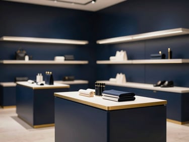 High-end retail interior with minimalist product displays and elegant lighting, soft natural daylight, deep navy and gold accents, shallow depth of field