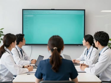 Small group of healthcare administrators in a modern conference room, engaged in a training session, looking at a shared digital dashboard, professional and collaborative atmosphere.