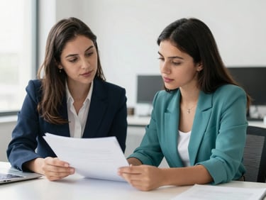 Kátia Gois mentoring a student one-on-one in a professional office setting, both looking at documents, warm and encouraging interaction, soft daylight.