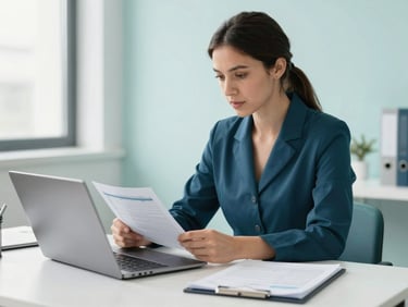 Professional woman studying medical billing documents on a laptop, clean desk setup, bright office light, teal and navy tones, focused on screen.