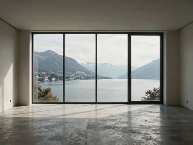 Interior view of a minimalist penthouse, polished concrete floor, large panoramic window overlooking Lake Geneva, soft northern light