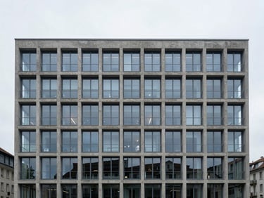 Straight-on architectural elevation of a modern concrete and glass building facade in Lausanne, soft diffused daylight, clean lines.