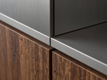 Close-up detail of high-quality architectural materials, brushed grey steel meeting dark oak wood paneling, soft natural side light, precise craftsmanship.