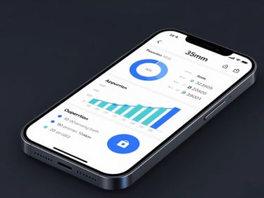 Close-up of a high-tech smartphone displaying a clean business analytics dashboard, cool studio lighting with subtle electric blue accents, sharp focus, 35mm