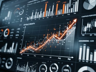 High-resolution close-up of a digital marketing analytics dashboard showing revenue growth, cool-toned office light, sharp focus on data points, monochrome with orange accents.