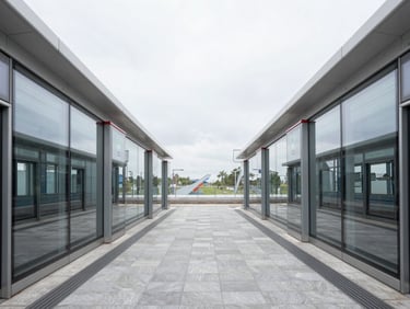 Symmetrical shot of a modern glass-walled transit corridor leading to a train platform, cool overcast light.