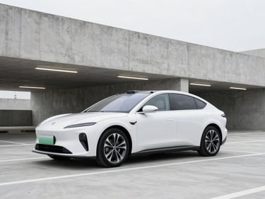 A clean premium electric sedan parked in a modern, brightly lit concrete parking garage with architectural lighting.
