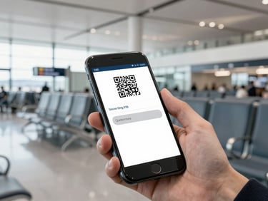 Close-up of a hand holding a smartphone displaying a clean digital boarding pass with a QR code, modern airport gate seats blurred in the background, cool slate tones.