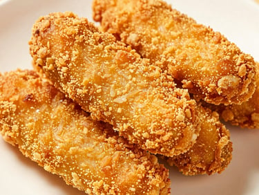 Macro close-up of golden hand-breaded chicken tenders stacked on paper, crisp texture, bright studio light