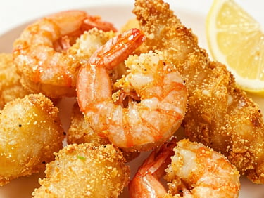 Macro close-up of golden-fried jumbo shrimp and crispy fish fillets, lemon wedge, bright studio light
