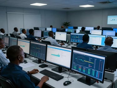 Wide shot of a telecom network operations center in an African city, multiple monitors showing Microsoft Fabric dashboards with subscriber churn rates and network performance indicators, blue ambient lighting from screens, team members at workstations in background