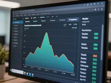 Close-up of a Power BI financial dashboard on screen showing revenue waterfall chart and margin KPIs, cool office lighting, dark theme interface, precise data labels clearly visible
