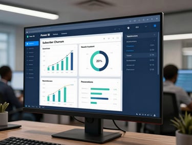 Power BI telecom dashboard displayed on a widescreen monitor showing subscriber churn rate and network performance tiles, African office environment, cool fluorescent lighting, dark blue interface