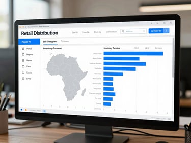 Retail distribution Power BI dashboard on screen showing sell-through rate and inventory turnover by region across West Africa, natural office daylight, light-themed interface with blue accent bars