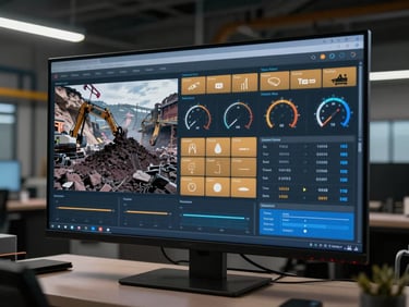 Mining operations dashboard on large monitor showing ore extraction volume and equipment utilization gauges, industrial site office, cool overhead lighting, dark interface with amber and blue KPI tiles