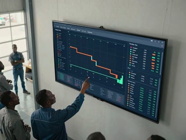 Overhead view of a warehouse operations center in West Africa, a team member pointing at a large wall-mounted screen showing supply chain metrics and inventory heatmaps, natural daylight, cool tones, data labels clearly visible on screen
