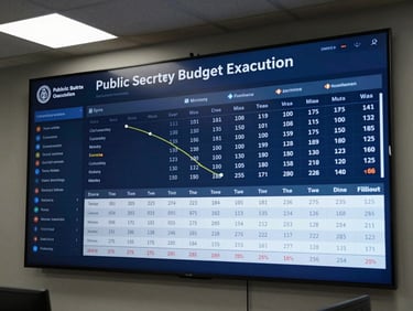 Public sector budget execution dashboard displayed on government office screen showing expenditure rate versus allocation by ministry, overhead fluorescent lighting, clean dark-themed interface with blue and white data tiles