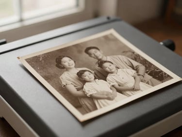 Macro shot of an old sepia-toned family photograph being carefully placed on a flatbed scanner, soft window light.