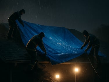 Emergency blue tarp secured over a storm-damaged residential roof at night, work lights illuminating the crew anchoring tarp edges in heavy rain