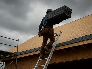 Roofer on ladder carrying a bundle of shingles up to a new-construction roofline under dense overcast sky, scaffolding and raw decking visible below