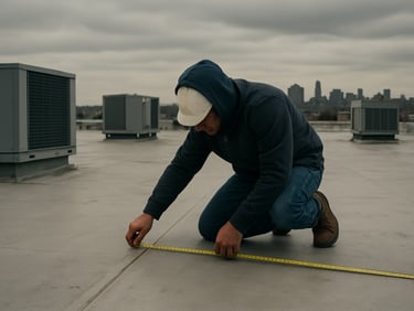 Roofer on a flat commercial rooftop using a measuring tape along a seam, large HVAC units and urban North Jersey skyline visible in the background under overcast sky