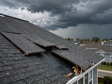 Close-up of storm-damaged residential roof with several shingles blown off revealing dark underlayment, surrounding neighborhood visible under dramatic storm-lit sky