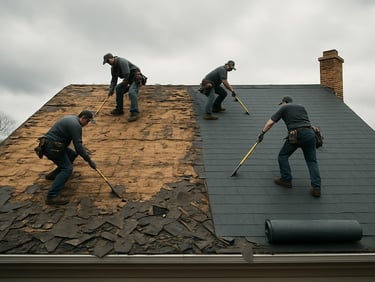 Wide shot of crew stripping old shingles off a steep residential roof in overcast light, bare decking exposed across the left half, fresh underlayment roll visible on the right