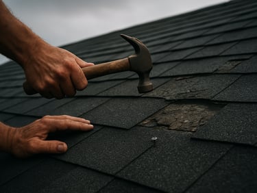 Close-up of roofer's hands nailing down dark asphalt shingles on a residential roof under flat grey North Jersey sky, damaged section visible beside fresh repair