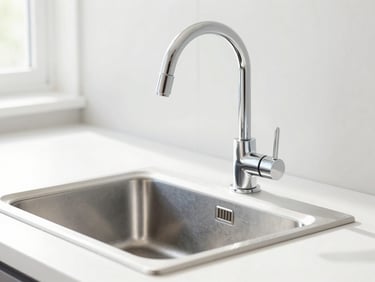 Close-up of a gleaming, polished kitchen tap and sink in a modern, sunlit apartment, reflecting clean surfaces, high-key natural daylight, sharp focus