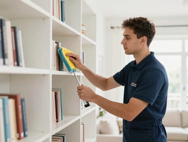 A professional cleaner in neat branded attire carefully dusting a clean, modern bookshelf in a residential living room, bright natural light, sharp focus