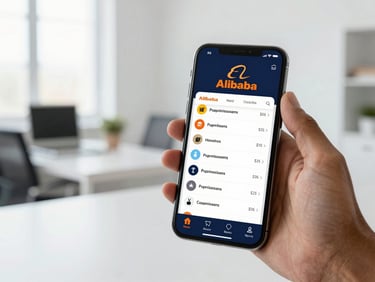 Gros plan professionnel sur un smartphone affichant l'application Alibaba avec des listes de fournisseurs certifiés, arrière-plan de bureau propre.