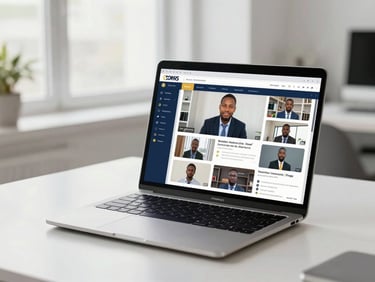 Ordinateur portable moderne ouvert sur une plateforme de cours en ligne épurée, affichant des modules vidéo de formation, éclairage naturel.