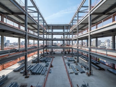 Symmetrical architectural shot of a clean, highly organized construction site with steel framing and bright daylight, 24mm wide-angle