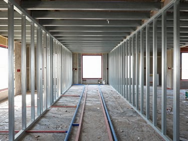 Symmetrical straight-on shot of a modern residential interior under construction, showing neat metal drywall framing, organized blue and red conduit pipes, bright natural daylight, clean workspace.