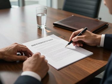 Overhead close-up of a polished conference table in a Miami office, two sets of hands reviewing printed documents and a pen resting on a contract, warm natural light from tall windows, soft shadows, clean desk surface with a glass of water and a leather folder