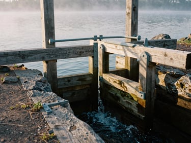 Close-up of a rustic timber water control gate with steel hardware, clear water flowing through, surrounded by natural rocks and earth.