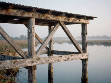 Close-up of a rustic timber-framed water control structure in a quiet marsh, overcast daylight, muted earth tones, 35mm film look.