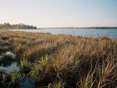 Wide shot of native marsh vegetation and reeds along a quiet shoreline, soft late-afternoon sun, natural documentary photography.