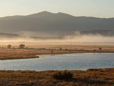 Early morning mist rising over a vast Utah wetland basin, distant mountains, soft golden light, natural documentary photography.