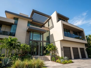 Low-angle architectural photography of a modern luxury Florida estate with pristine stucco walls under bright sunlight, casting sharp geometric shadows.