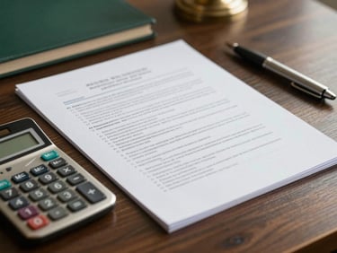 Close-up of legal documents, calculators, and fine pens on a dark wooden desk, soft natural daylight.